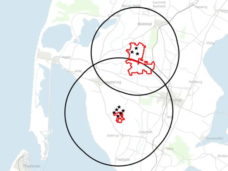 Oversigt over de to projekter og deres afstemningsradius
